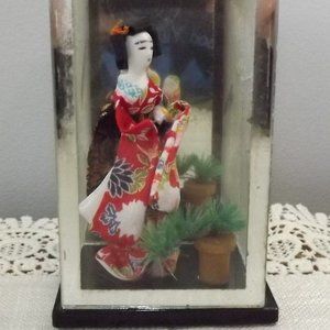 Antique Japanese Gofun Doll Glass Diorama
